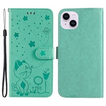 KT Imprinting Flower Series-4 Voor iPhone 15 Plus Hoesje met Kattenprint Leren Stand Wallet Telefoonhoes