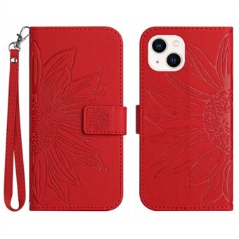 HT04 Voor iPhone 15 Plus Anti-valtelefoon Leren Portemonneehoes Zonnebloempatroon Stand Cover met Handriem