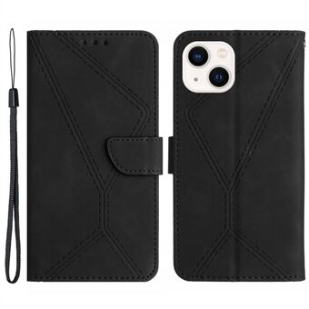 HT05 Voor iPhone 15 Plus Skin-touch Flip Stand Wallet Leren Hoesje met Geïmpregneerd Lijnen Telefoonhoesje