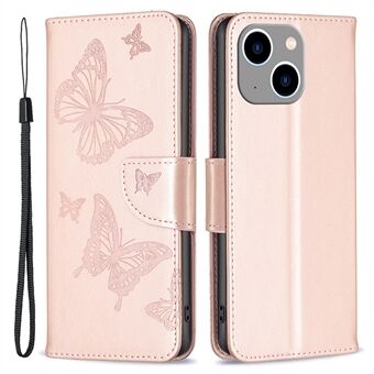 Voor iPhone 15 Plus Anti-Stof Stand Portemonnee Telefoon Flip Hoesje met Vlinder Gedrukt Leren Cover en Strap