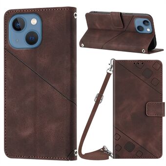 PT005 YB Imprinting Series-7 voor iPhone 15 Plus PU lederen hoesje met portemonnee, standaard en schouderband.