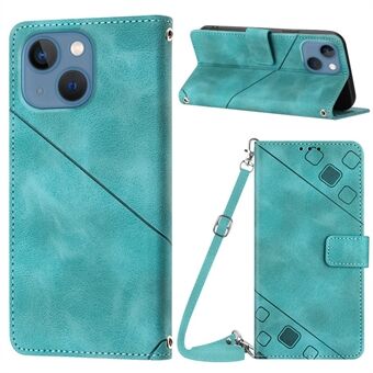 PT005 YB Imprinting-serie-7 voor iPhone 15 Plus PU-leren hoesje met portemonnee en standaardfunctie, inclusief schouderriem.