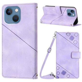 PT005 YB Imprintserie-7 voor iPhone 15 Plus PU-leren hoesje met portemonnee en standaard met schouderband.