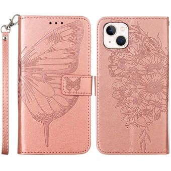 YB Imprinting Serie-4 Voor iPhone 15 Plus Portemonnee Vlinder Bloemen Geïmpregneerde Hoes PU Leren Stand Telefoonhoesje met Handriem