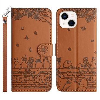 PU Leren Portemonnee Telefoonhoesje voor iPhone 15 Plus, Wandkatten Bedrukte Standhoes met Band