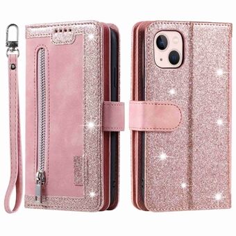 Voor iPhone 15 Plus PU lederen hoesje met ritssluiting, 9 kaartsleuven en beschermende telefoonhoes met riem