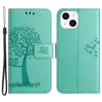 Voor iPhone 15 Plus Stand Portemonnee Telefoonhoesje PU-leer + TPU Uil Boom Geprinte Case