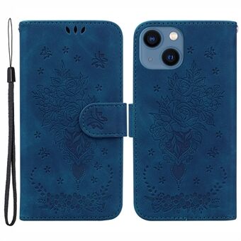 Stand Wallet Phone Case voor iPhone 15 Plus, Roos Vlinder Geprinte Telefoonhoes van Leer