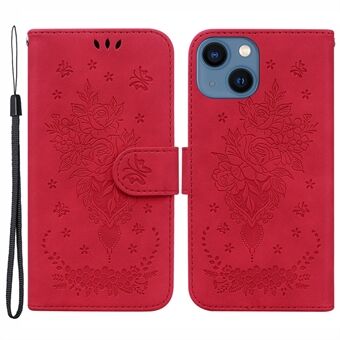 Staande Portemonnee Telefoonhoesje voor iPhone 15 Plus, Roze Vlinder Geïmpregneerde Telefoon Leren Cover