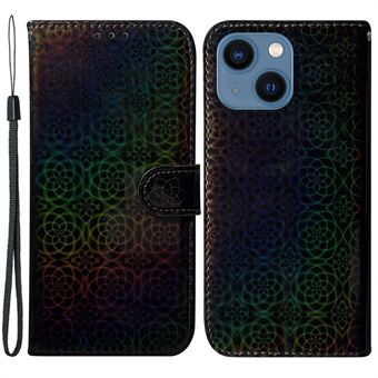 Schitterende bloemenpatroon telefoonhoesje voor iPhone 15 Plus, met standaard en portemonnee van PU-leer.