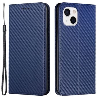 Staande telefoonhoes voor iPhone 15 Plus met koolstofvezel textuur PU-leer+TPU portemonneehoes