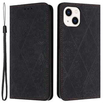 Portemonnee hoesje voor iPhone 15 Plus, opvouwbare standaard, PU-leder, retro bloemen opdruk, telefoonhoesje.