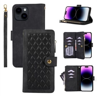 Voor iPhone 15 Plus Splicing Style PU Leren hoes met Ritssluiting Zakje en Rhombus Design Telefoonhoesje met Meerdere Kaartsleuven