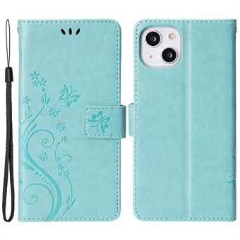 Voor iPhone 15 Plus PU lederen portemonnee hoesje met ingegraveerde vlinders en standaard met bandje.