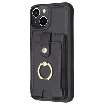 BF27 Voor iPhone 15 Plus PU-leren gecoate TPU telefoonhoesje met ring-kickstand, kaartsleuf en beschermende cover.