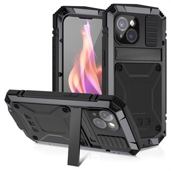 R-JUST Voor iPhone 15 Plus PC+Silicone+Metaal Telefoonhoesje Stootvaste Kickstand Cover met Gehard Glas Folie