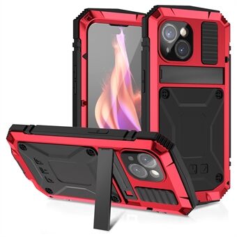 R-JUST Voor iPhone 15 Plus PC+Silicone+Metalen Telefoonhoes Valbestendige Kickstand Cover met Gehard Glas Film
