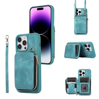 Kickstand Leren Gecoate TPU Hoesje voor iPhone 15 Plus, Rits Portemonnee Telefoonhoes