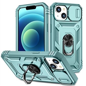 Voor iPhone 15 Plus PC+TPU Kickstand Case met kaarthouder en schuifbare camerahoes