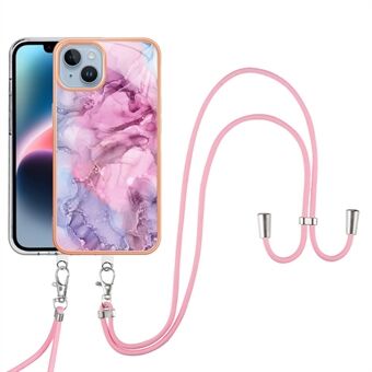 YB IMD Serie-18 Stijl E telefoonhoesje voor iPhone 15 Plus IMD Marmer Patroon 2.0mm TPU Anti-valhoes met Lanyard