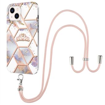 YB IMD-serie 4 voor iPhone 15 Plus TPU-hoes IMD Marmeren Bloemenpatroon Elektroplating Telefoonhoesje met Draagkoord
