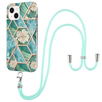 YB IMD Serie-4 voor iPhone 15 Plus TPU-hoes IMD Marmer Bloemenpatroon Elektroplating Telefoonhoesje met Lanyard