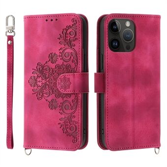 Voor de iPhone 15 Plus Leren Telefoonhoes Portemonnee met Bloemmotief, inclusief polsband en schouderband.