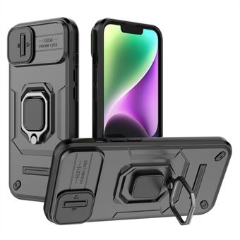 Voor iPhone 15 Plus Telefoonhoesje met Valbescherming PC+TPU Kickstand Cover met Schuifcamera Deksel.