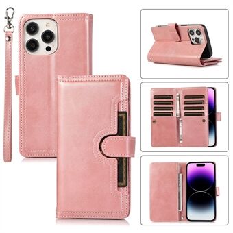 Voor iPhone 15 Plus Split Leren Folio Hoesje met Standaard, Meerdere Kaartsleuven, Portemonnee Telefoonhoesje met Band.