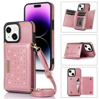 Voor iPhone 15 Plus Portemonnee RFID-blokkerende telefoonhoes met standaard PU-leer + TPU Strass Decoratiehoes met Schouderband