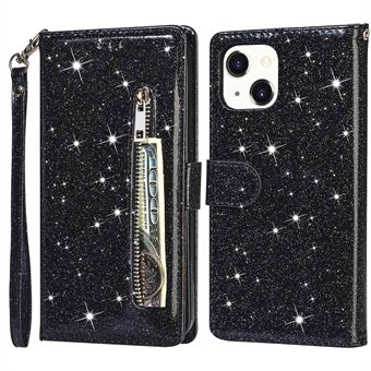 Voor iPhone 15 Plus Glittery PU Leren Telefoonhoes met Ritszak Portemonnee Telefoonstandaard Cover