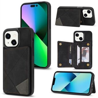 Voor iPhone 15 Plus Kaarthouder Kickstand PU Leer+TPU Achterkant Hoesje met Lijnsplitsing en Opdruk Telefoonhoesje