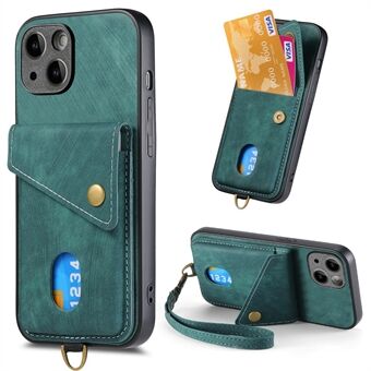 Leren beklede PC+TPU hoesje voor iPhone 15 Plus, kaarthouder met standaard, retro telefoonhoesje