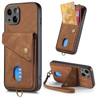 Leren gecoate PC+TPU hoesje voor iPhone 15 Plus, met kaarthouder en kickstand, retro telefoonhoesje.