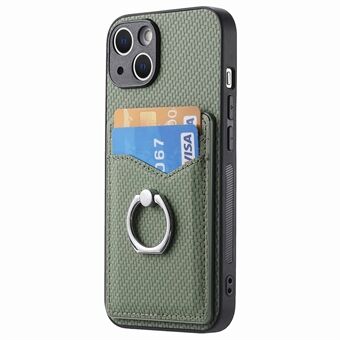 Voor iPhone 15 Plus Hoesje met Carbon Fiber Textuur Kunstleer+PC+TPU Kaarthouder Ring Kickstand Mobiele Telefoonhoesje