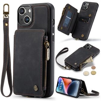 CASEME C20-serie voor iPhone 15 Plus RFID-blokkerende hoes van leer+TPU Hoes met ritssluiting, standaard en riem - Zwart