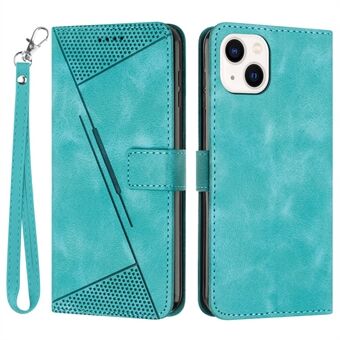 Voor iPhone 15 Plus, een PU-leren telefoonhoesje met een ingedrukt driehoeks patroon, een standaard en een portemonnee cover met handriem.