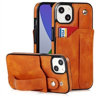 PU leder + TPU telefoonhoesje voor iPhone 15 Plus, Retro kaartsleuf polsbandstandaard met RFID-blockerende hoes
