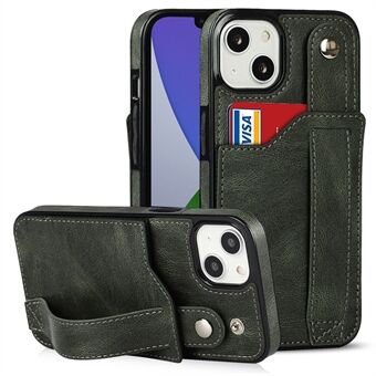 PU leder + TPU telefoonhoesje voor iPhone 15 Plus, Retro kaartsleuf polsbandje met standaard RFID-blokkerende hoes