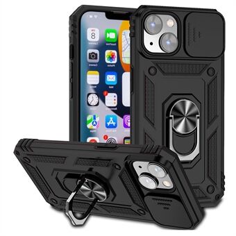 Schuifcamera beschermhoesje voor iPhone 15 Plus, Telefoonhoesje met Metalen Ring Kickstand PC + TPU Cover.