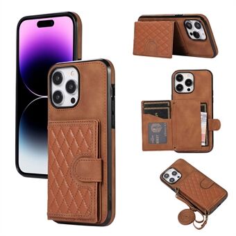 Voor iPhone 15 Plus Grid Bedrukte Portemonnee Hoesje PU Leren Coating TPU Kaartsleuven Kickstand Telefoonhoesje met Schouderband.