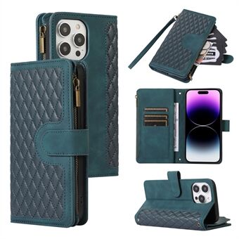 Voor iPhone 15 Plus Flip Wallet Stand Case met 9 kaartsleuven, ritsvak en pols en schouder banden.