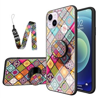 Voor iPhone 15 Plus Hoesje met Standaard, Gehard Glas+PC+TPU Bloemenpatroon Case met Lanyard.