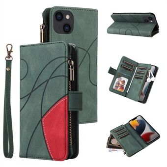 KT Multi-function Series-5 voor iPhone 15 Plus Ritsportemonnee met Standfunctie Telefoonhoesje met 9 Kaartsleuven en Splicing Leren Cover