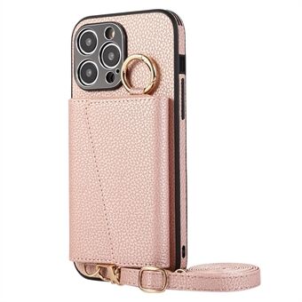 Kaarthouder met uitklapbare standaard Telefoonhoesje voor iPhone 15 Plus PU+PC+TPU Beschermhoes met draagkoord