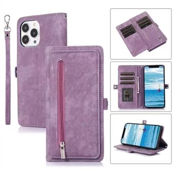 Voor de iPhone 15 Plus View Stand Wallet Case met 9 kaartsleuven, ritssluiting en PU-leren beschermhoes met riem.