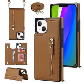 Schokbestendige Kickstand Hoesje voor iPhone 15 Plus TPU+PU RFID-blokkerende Telefoonhoes met Schouderband