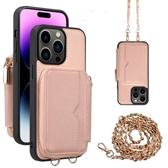 Voor de iPhone 15 Plus Kickstand Rits Portemonnee Achterkant Hoesje van PU Leer+TPU, inclusief kettingriem.