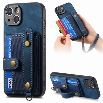 Voor de iPhone 15 Plus PU-leren+TPU telefoonhoes met polsbandje en kaarthouder handriem.