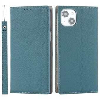 Voor iPhone 15 Plus Echte Koeienhuid Litchi Textuur Telefoonhoesje Flip Portemonnee Stand Cover met Riem